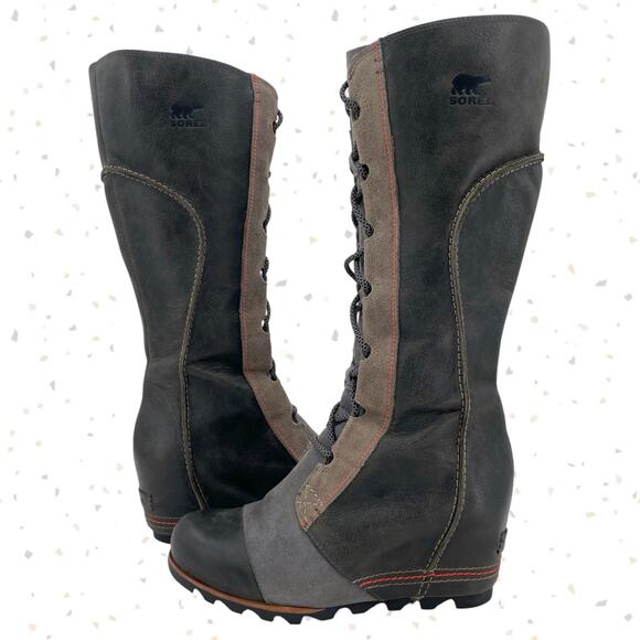 Sorel Cate The Great Wedge Charcoal Gray Tall Leather Suede Lace Up Boots 9.5